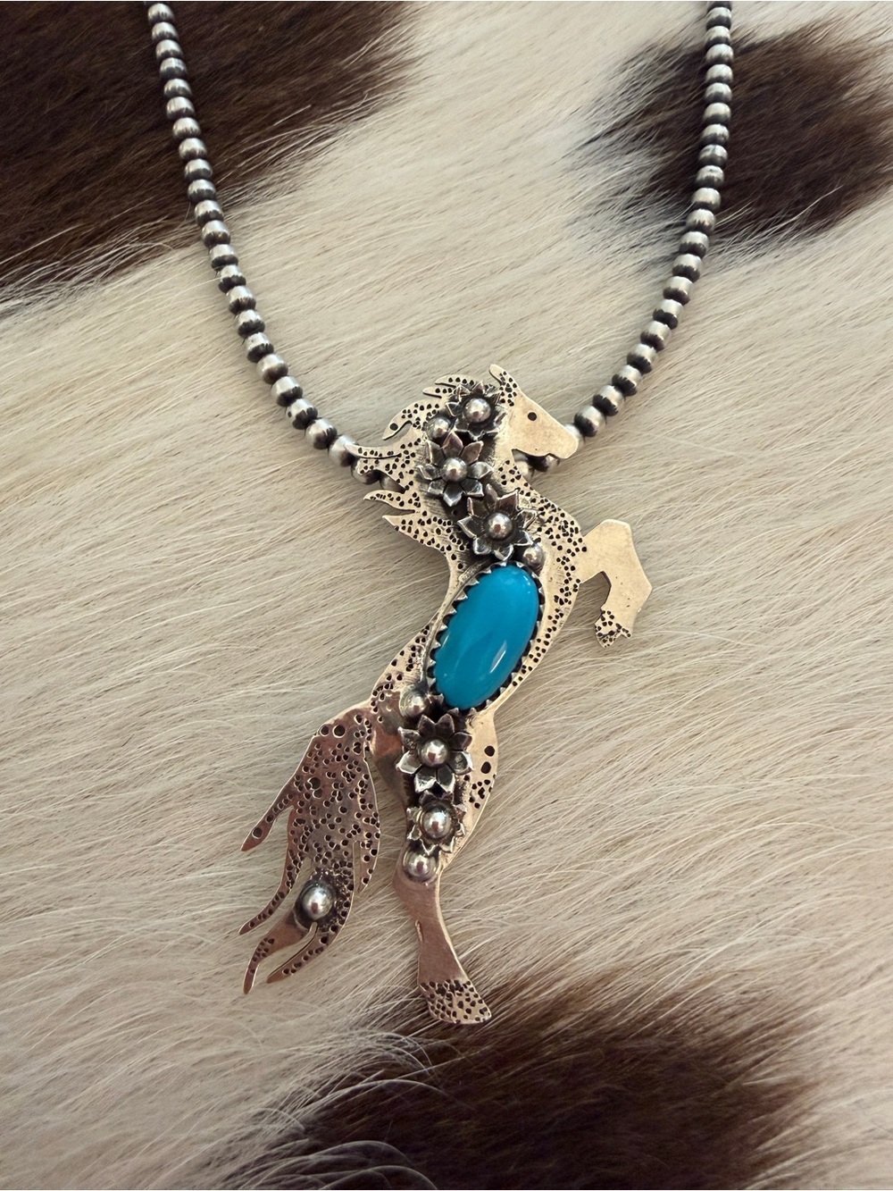 ❤️ Sleeping Beauty Turquoise Sterling Hand Stamped Rearing Horse Pendant 2.22”L